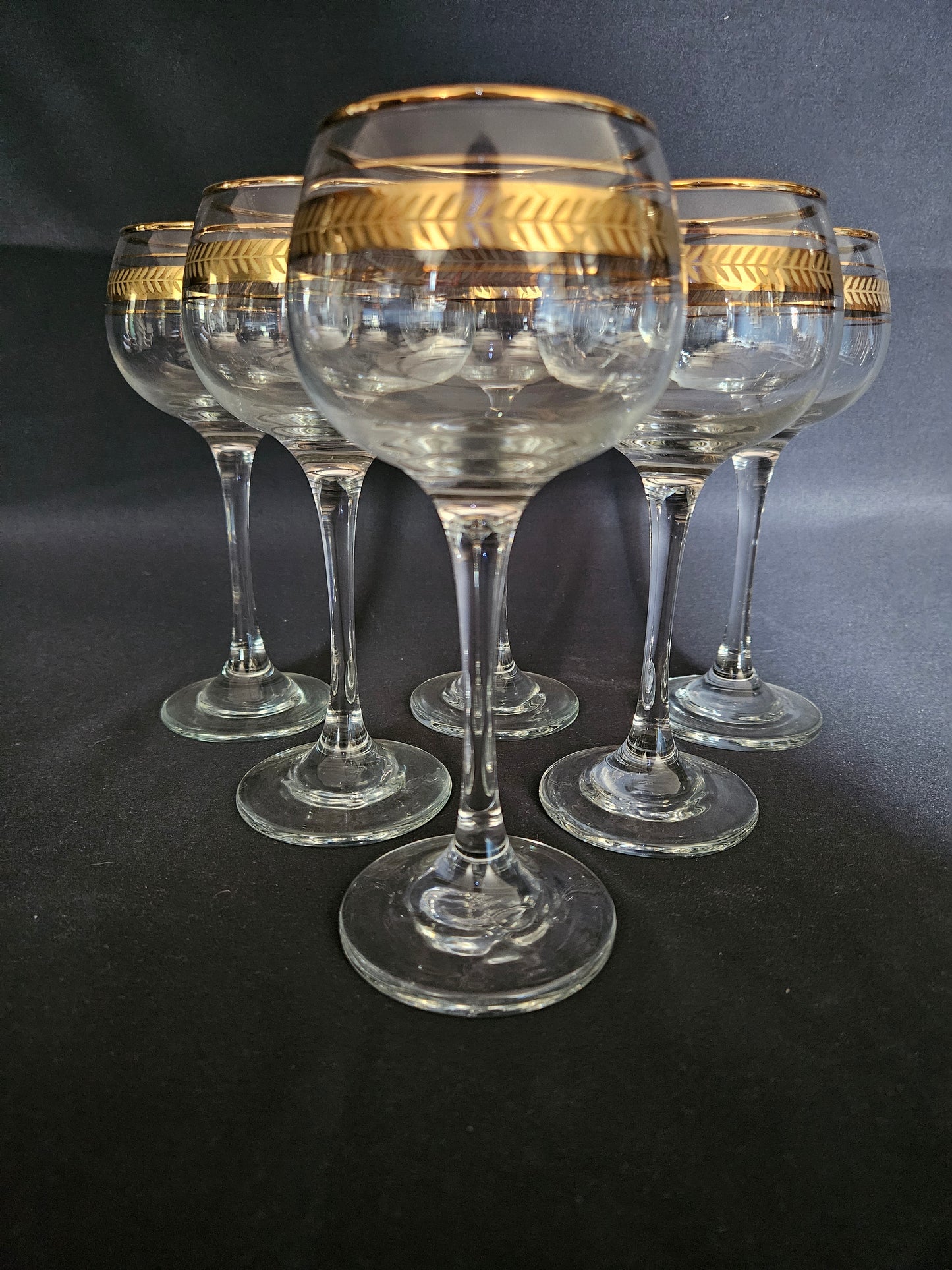 6 Gilt Banded Tall Wine Glasses