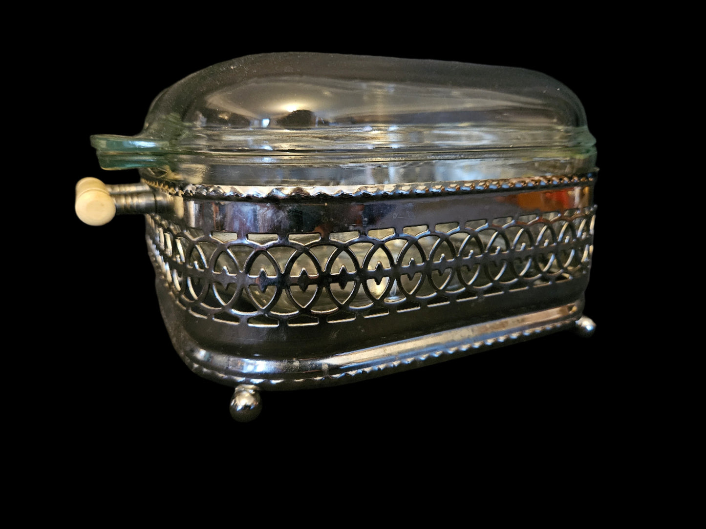 Early Pyrex Dish and Silver Plated Holder