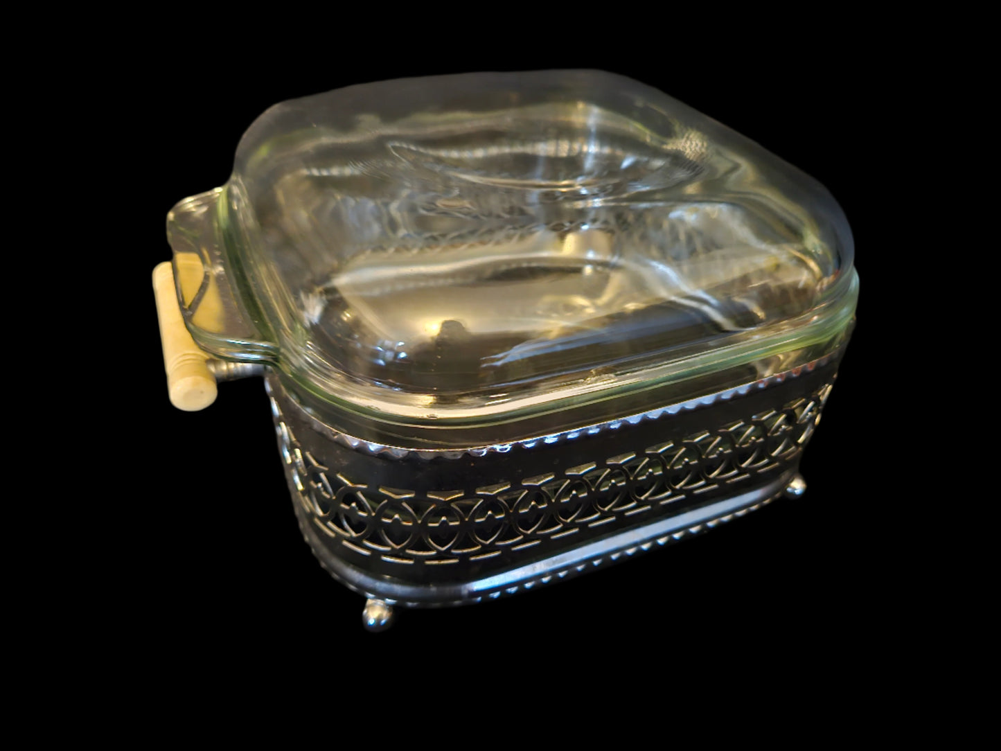Early Pyrex Dish and Silver Plated Holder