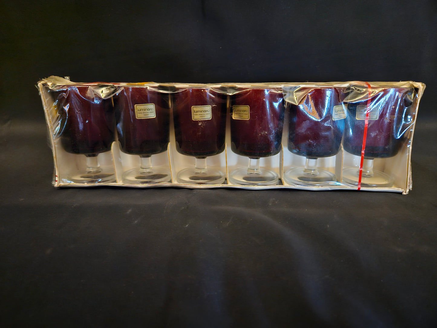 New Old Stock Boxed Luminarc Red Cavalier Sherry Glasses