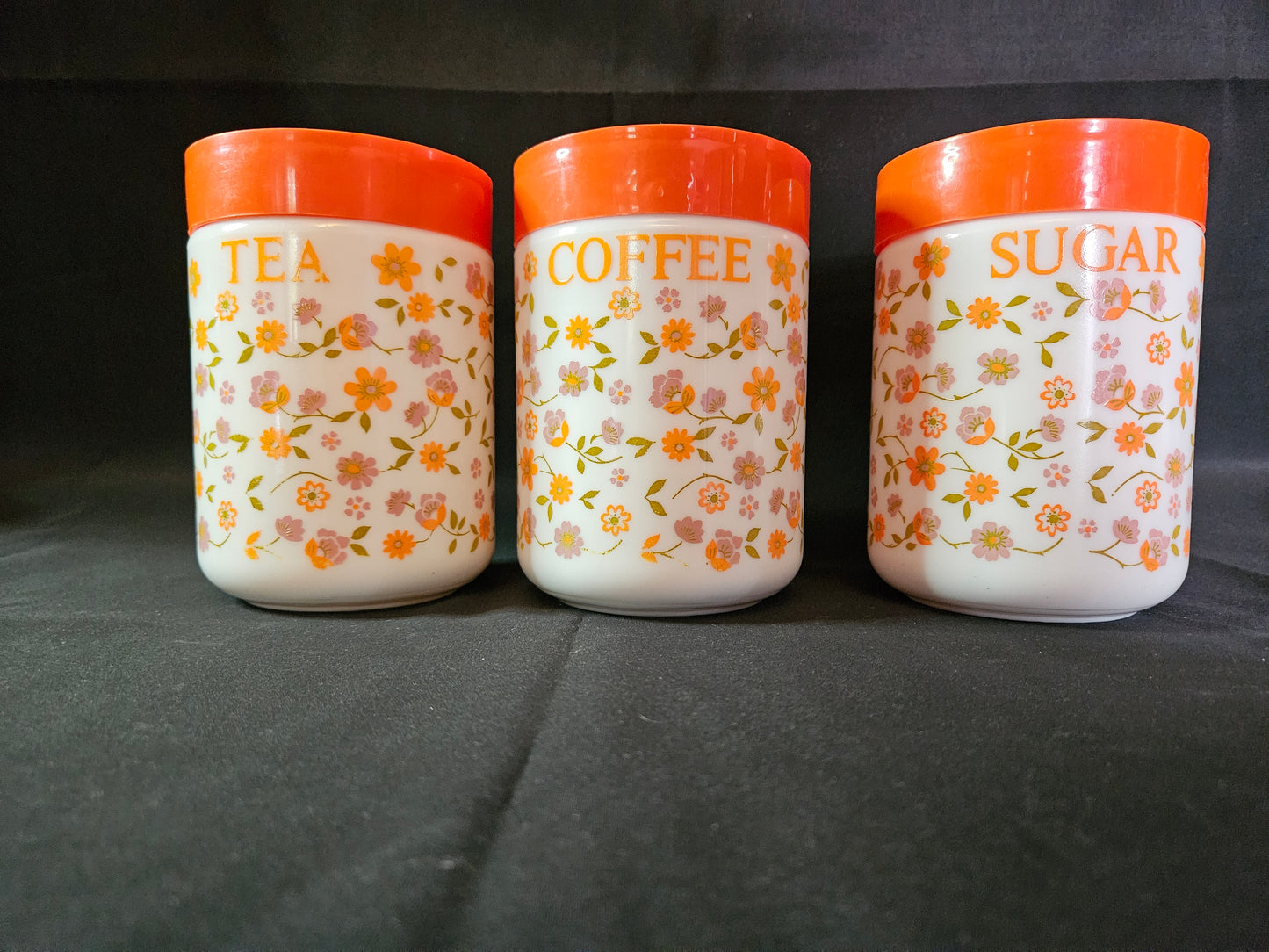 Vintage French Arcopal Scania Tea, Coffee and Sugar Cannisters