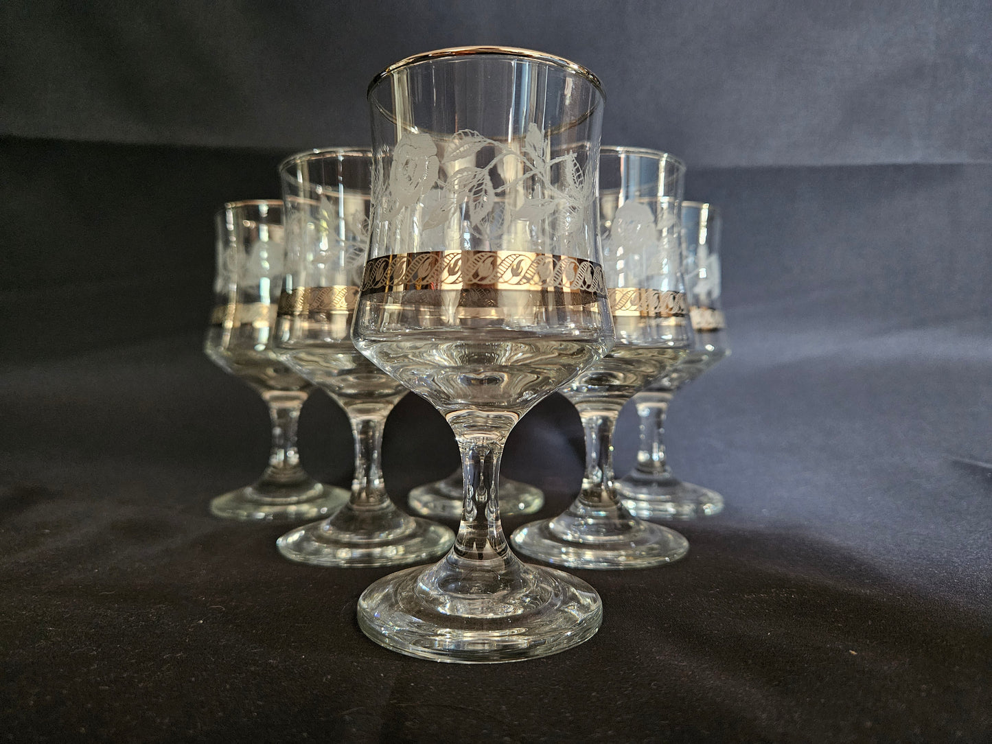 6 Vintage Dema Glass Silver Rose Wine Glasses