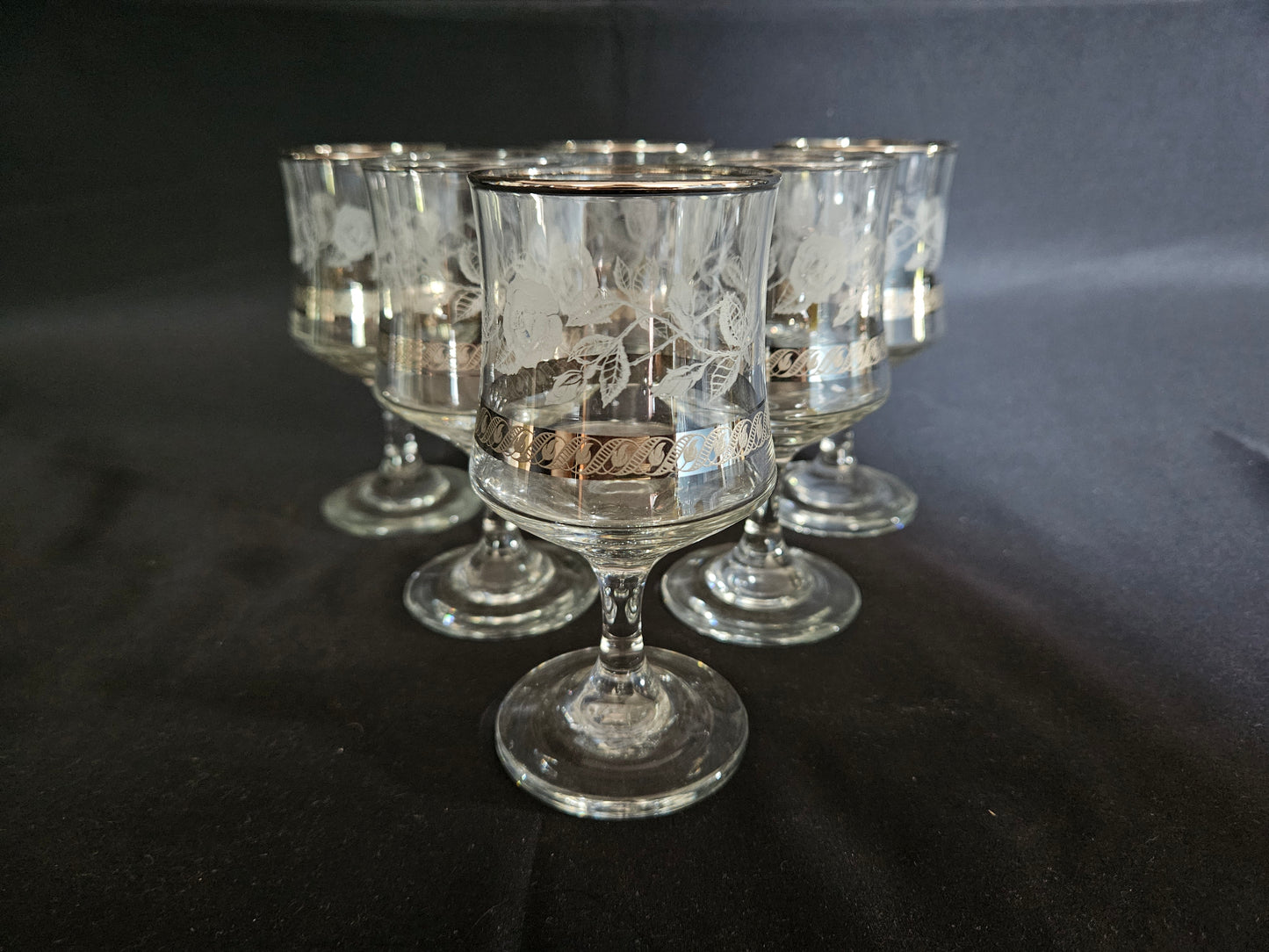 6 Vintage Dema Glass Silver Rose Wine Glasses