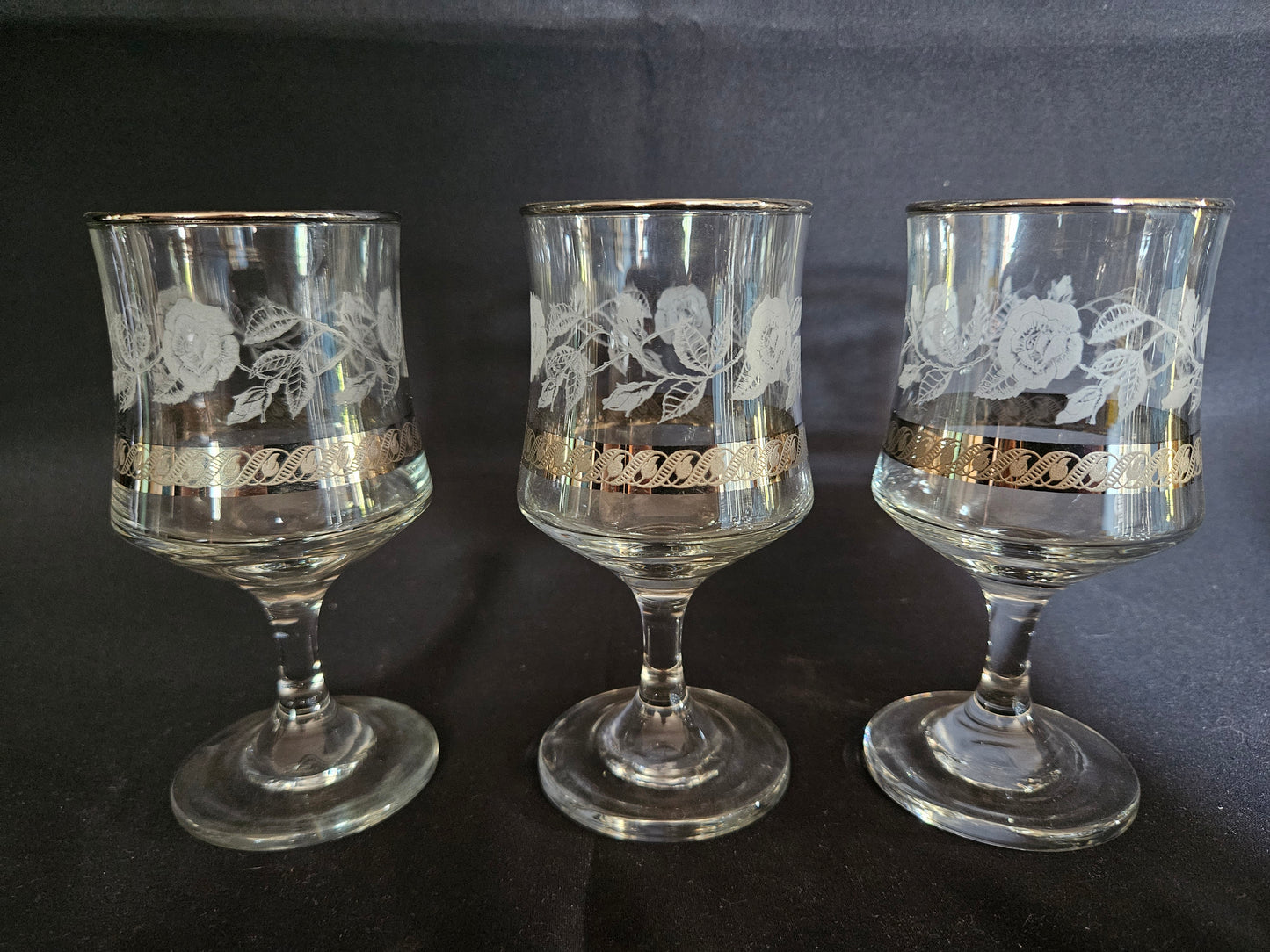 6 Vintage Dema Glass Silver Rose Wine Glasses