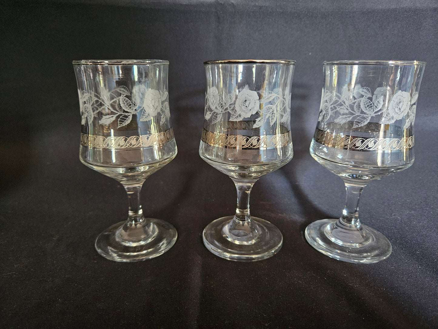 6 Vintage Dema Glass Silver Rose Wine Glasses