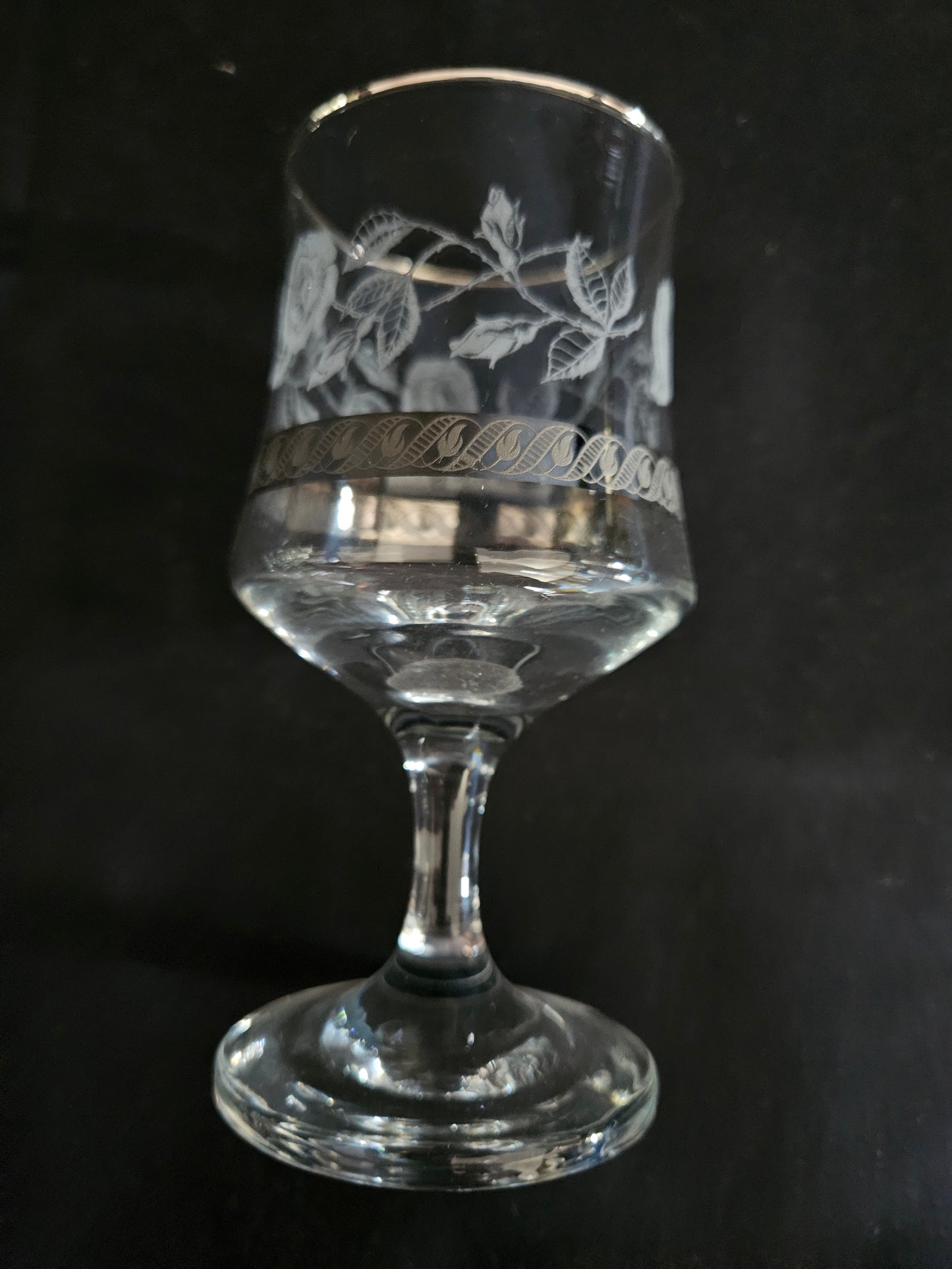 6 Vintage Dema Glass Silver Rose Wine Glasses