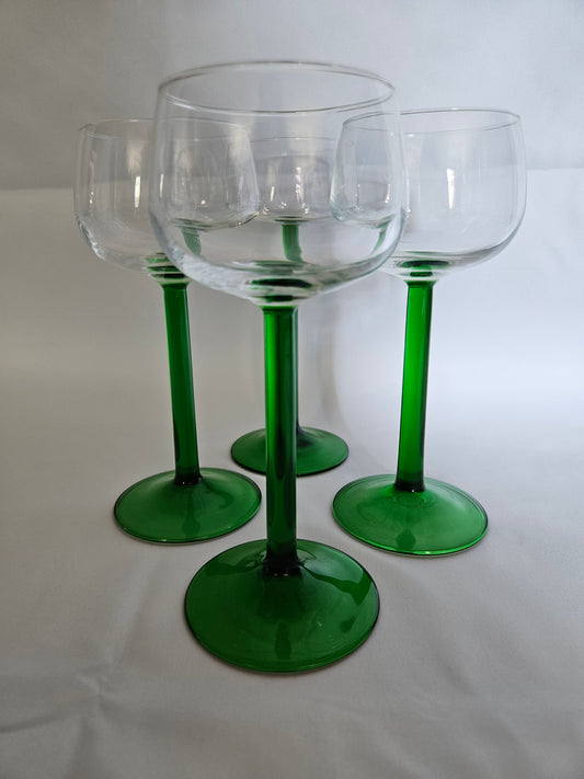 4 Vintage French Tall Green Stemmed Wine Glasses