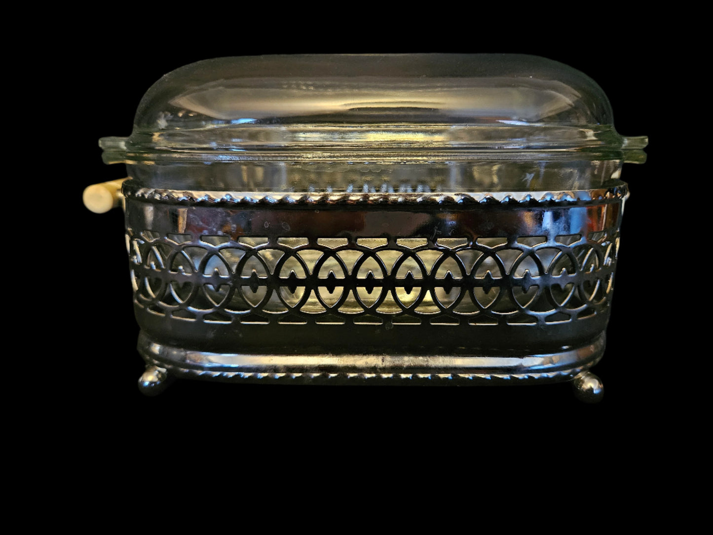 Early Pyrex Dish and Silver Plated Holder