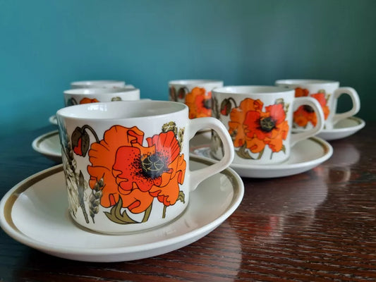 6 J&G Meakin 'Poppy' Cups and Saucers